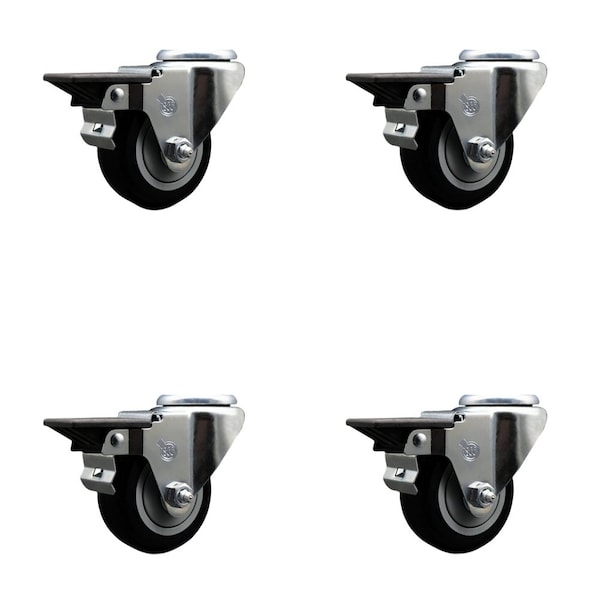 3'' Black Poly Wheel Swivel Bolt Hole Caster Set with Posi Lock Brakes, 4PK